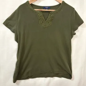 Chaps Denim Top Women XL Olive Green Crochet‎ Lace Split Neck Cotton Boho Casual thumbnail 2