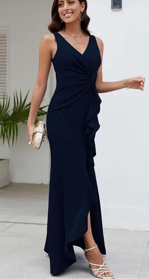 NEW Blue Evening Gown Formal Elegant V Neck Split Wrap S thumbnail 3