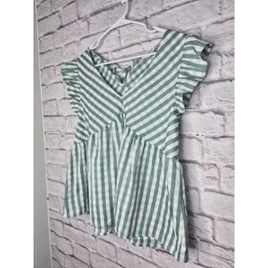 &merci Gingham Peplum Blouse Size L Green White Ruffle Cap Sleeve Tie Back Top thumbnail 2