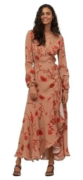Johanna Ortiz x H&M Floral Wrap Maxi Dress Orange Red Poppy L Long Sleeve Ruffle thumbnail 1