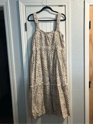 Cactus +‎ Pearl Midi Dress Womens Large Tan Zebra Linen Blend Tiered Boho Trim thumbnail 3