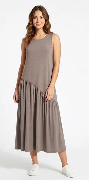Easel Los Angeles Taupe Brown Asymmetrical Tiered Sleeveless Midi Dress Large thumbnail 1