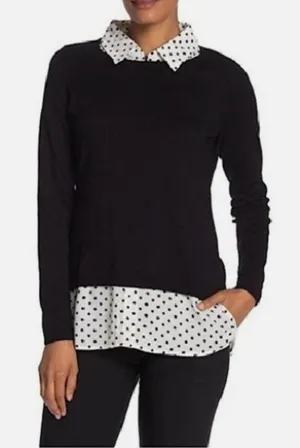 Adrianna Papell Women’s M Black Layered Look Polka Dot Collared Sweater Top thumbnail 1