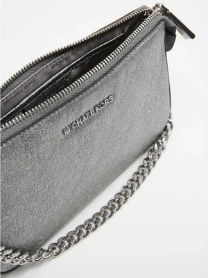 Michael Kors Pouchette Wrislet Gunmetal Metallic Leather Silver Chain Strap thumbnail 12