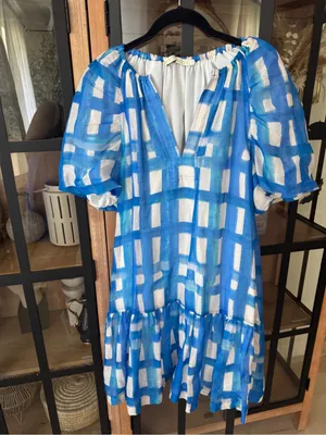Marie Oliver greta mini dress gingham plaid amalfi silk linen raglan puff sleeve thumbnail 2