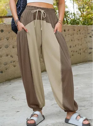 Boho Slouchy Sz L Harem Barrel Joggers Khaki Ribbed Colorblock Streetwear Fisoew thumbnail 1
