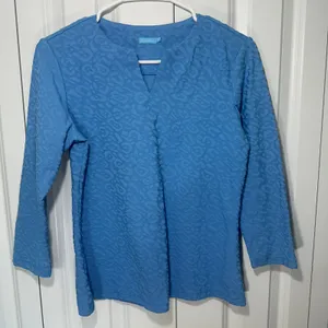 J.McLaughlin Top Women Small Blue Leopard Jacquard Split Neck 3/4 Sleeve Preppy thumbnail 2
