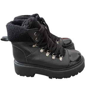 Steve Madden Black Leather Platform Combat Boots Shearling Trim Lug Sole Size 8 thumbnail 4