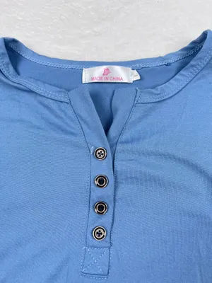 Butterfly Baby Blue Faux Button Fitted Short Sleeve Top Size L Stretch EUC thumbnail 2