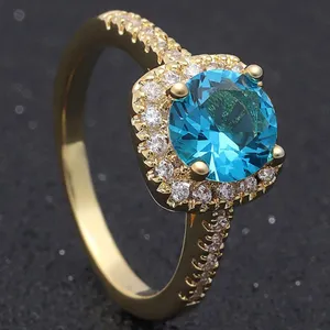 Gold CZ Blue Solitaire Crystal ring thumbnail 1
