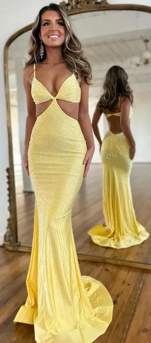 yellow cut out prom dress thumbnail 1