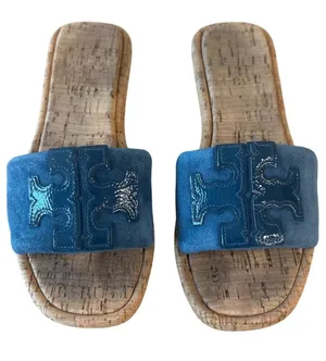 Tory Burch Blue‎ Suede Cork Slide Sandals Double T Logo Patent Sz 7.5 thumbnail 1