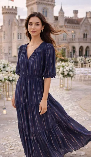 Crown & Ivy Navy Metallic Stripe Maxi Dress Smocked‎ Quiet Luxury Elegant Gala M thumbnail 1