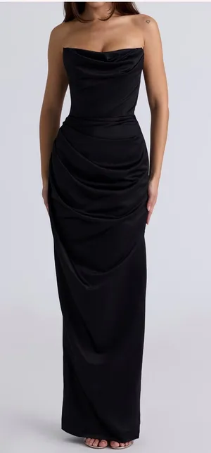 House of CB Adrienne Black Satin Strapless Corset Maxi Gala Dress thumbnail 1
