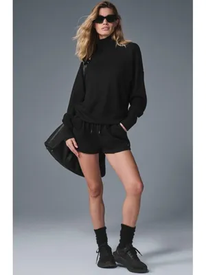 Alo Waffle Weekend Escape Mock Neck Long Sleeve Black Turtleneck Thermal Sweater thumbnail 4