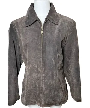 Brown Suede Leather Zip‎ Jacket Collared 90s Minimalist Relativity Women M thumbnail 1