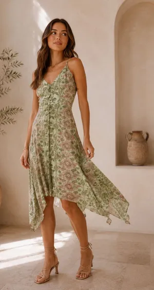 Reformation Green Floral Midi Dress Handkerchief Hem Button Front Size 2 thumbnail 1