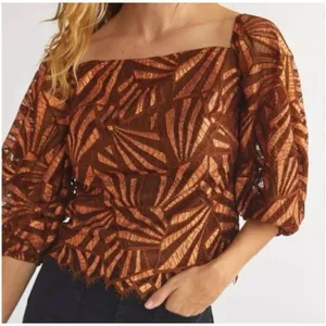 Anthropologie NWT Women XS Brown Metallic Geometric Print Blouse Glam Party Chic thumbnail 2