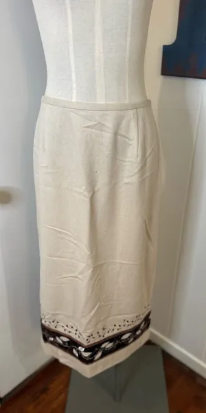 Ann Taylor Cream Midi Skirt with Brown Velvet Decorative Hem Border Sz 8P thumbnail 1