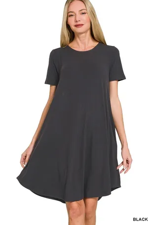 Zenana Short‎ Sleeve Round Hem A-Line Dress with Side Pockets - Large thumbnail 1