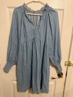 Old Navy XS Blue Chambray Smocked Tie-Neck Long-Sleeve Boho Dress thumbnail 1