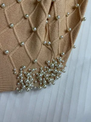 Women's Pearl Embellished Knit Sweater Beige Mock Neck Long Sleeve S/M thumbnail 6