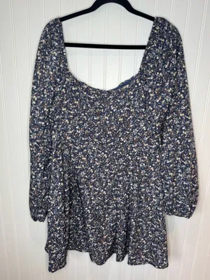 Lush Womens Navy Square Neck Floral Mini Dress Puff Sleeves Elastic Cuff XL thumbnail 2