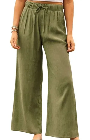 Abercrombie & Fitch Textured Wide Leg Pants Medium Green Fall Quiet Luxury Boho thumbnail 1