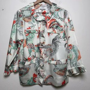 J. Crew Collection‎ Women Rooster Top M White Pleated Button Front Top Novelty thumbnail 3