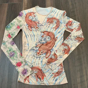 Miami Ink Tattoo Print Mesh Top Tan Koi Fish Floral Long Sleeve Y2K Slim XS/S thumbnail 2