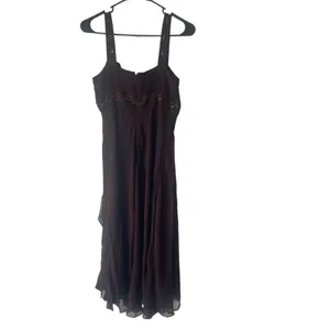 Jones New York Dress Y2k Size 10 Brown Chiffon 100%‎ Silk Beaded Midi Dress thumbnail 6