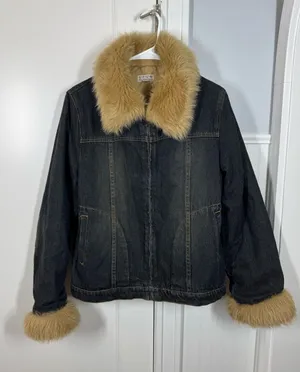 VTG Y2k Denim Jean Coat Womens M Chunky Fur 90s Bratz Retro Lizzy McGuire Boho thumbnail 1