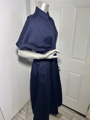 Quince Stretch Cotton Poplin Pleated Midi Shirt Dress Deep Navy Womens Size S thumbnail 6