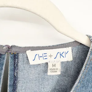 She + Sky Womens Bow Print Tiered Puff Sleeve Babydoll Denim Mini‎ Dress Size M thumbnail 5