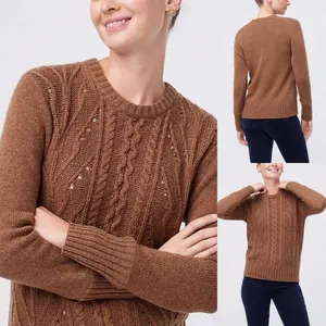NWT J.Crew Pointelle cable-front  sweater Wool Blend Small Brown thumbnail 3