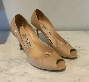 Jimmy Choo Shoes Womens Size 5.5 Beige Patent Peep Toe High Heel Pumps Italy thumbnail 1