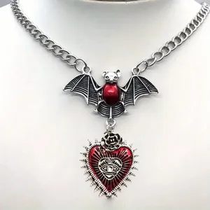 Gothic Red Bat Devil Eye Heart Pendant Silver Plated‎ Necklace Fashion Jewelry thumbnail 3