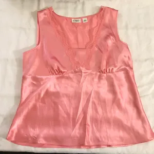 2000s Y2K Coquette Pink satin camisole sleeveless blouse with lace detailing V-neck lingerie style top Excellent condition measurement in pics-Size 12/L thumbnail 2