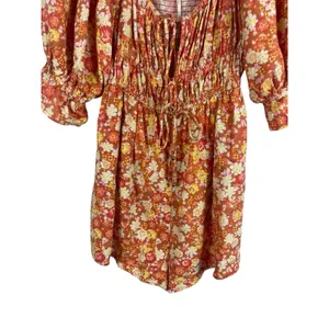 Free People Show Me Love Romper XS Floral Boho Linen Blend Smocked Puff Sleeve thumbnail 5