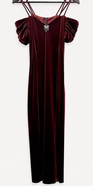 Vintage 90s Dollar USA Burgundy Velvet Cold Shoulder Maxi Dress M thumbnail 1
