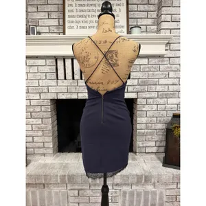Alice &‎ Olivia Mini Slip Dress Women Size 2 Navy Blue Lace Trim Cross Back thumbnail 5