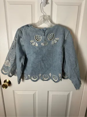 Farm Rio Denim Richelieu Kimono Sleeves Cropped Blouse M thumbnail 10