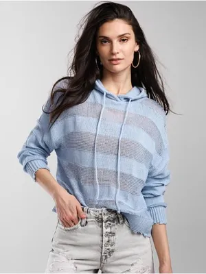 BKE Ribbed Open Weave Hooded Cropped Knit Sweater Kentucky Blue Size Large thumbnail 1