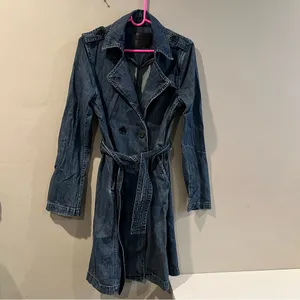 Women's Blank NYC Navy Blue Denim Belted Trench Coat Double Breasted Jacket XS thumbnail 3