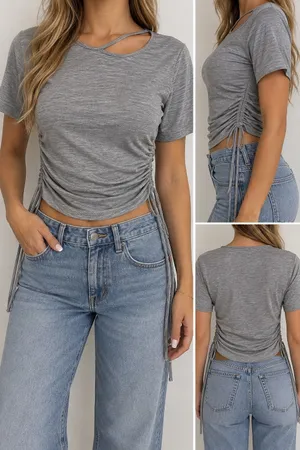 By Egreis Gray Ruched Side Top Large Adjustable Drawstring Cutout Y2K thumbnail 2