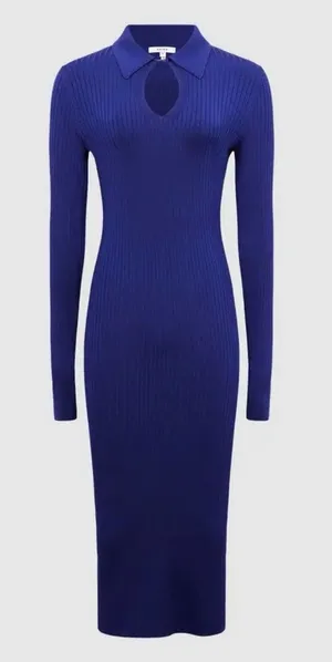 Reiss Blue Ronnie Collared Knitted Long Sleeve Ribbed Midi Bodycon Dress Size XS thumbnail 1