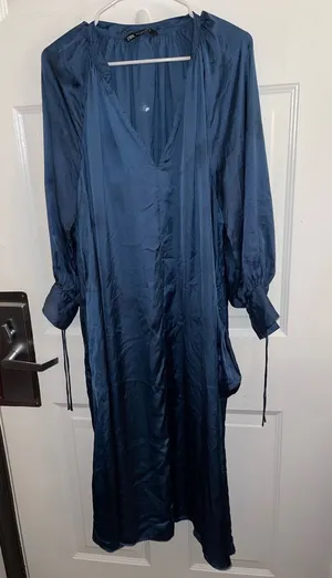 Zara Teal-Blue Satin Midi Dress Size Medium thumbnail 1