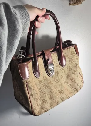 Y2K Dooney & Bourke Purse Brown Monogram wLeather Trim Shoulder Bag Vintage thumbnail 1