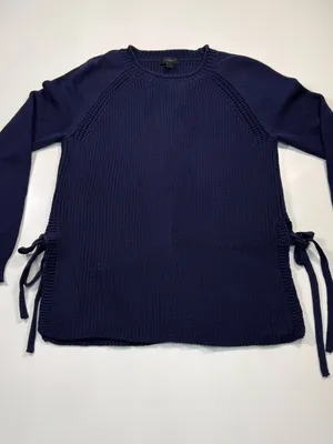 J. Crew Cotton Blend Navy Crewneck Sweater with Side Ties thumbnail 2