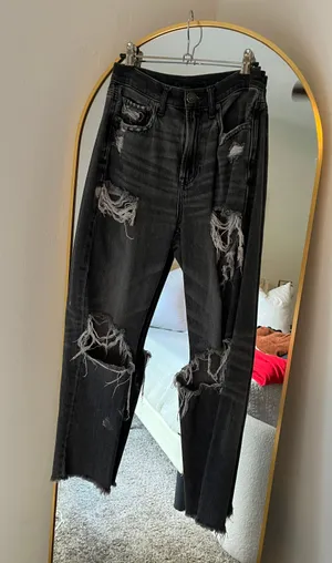 American Eagle Black Distressed High Waisted Relaxed Fit Jeans thumbnail 3